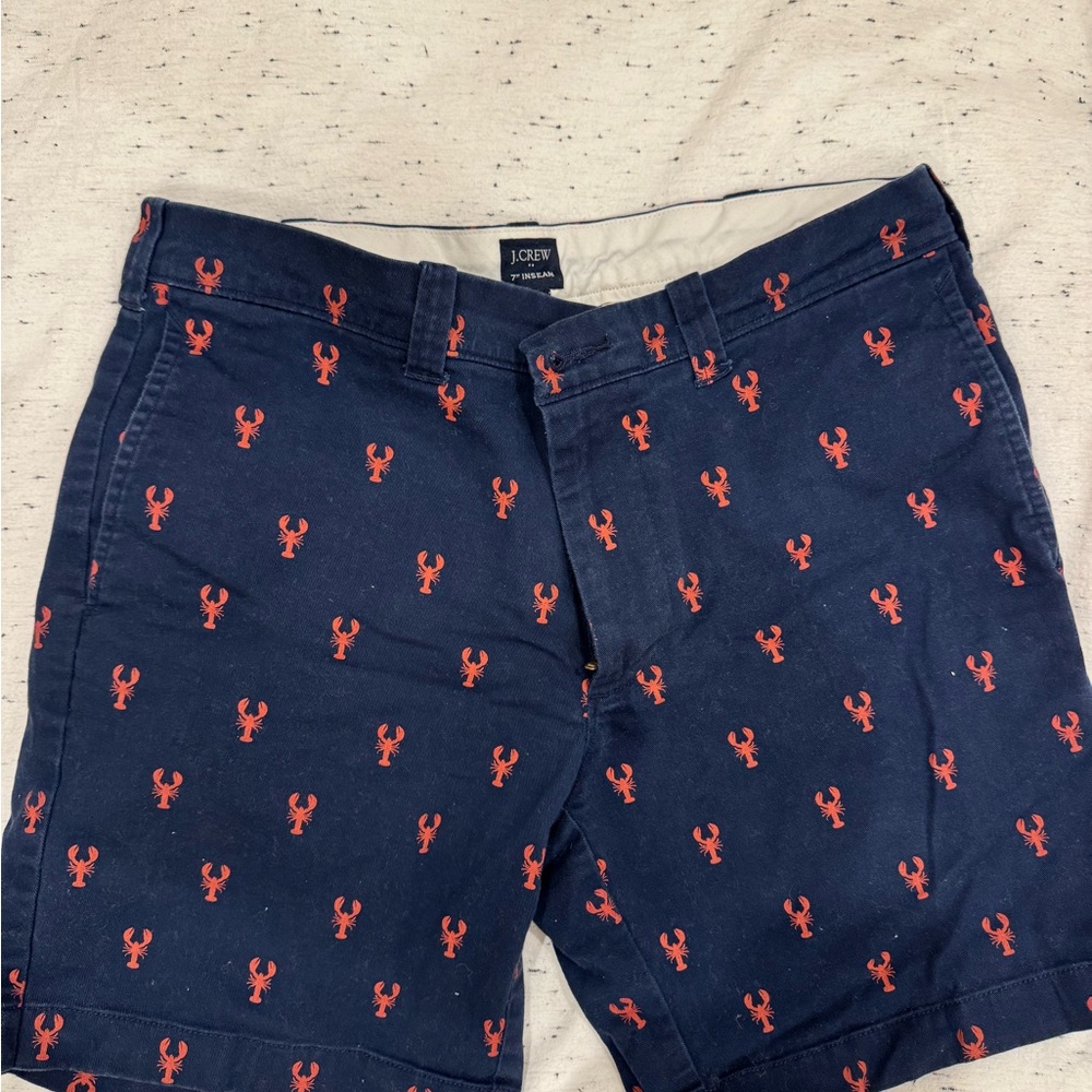 J. Crew Blue and Red Flat Front Lobster Print Shorts